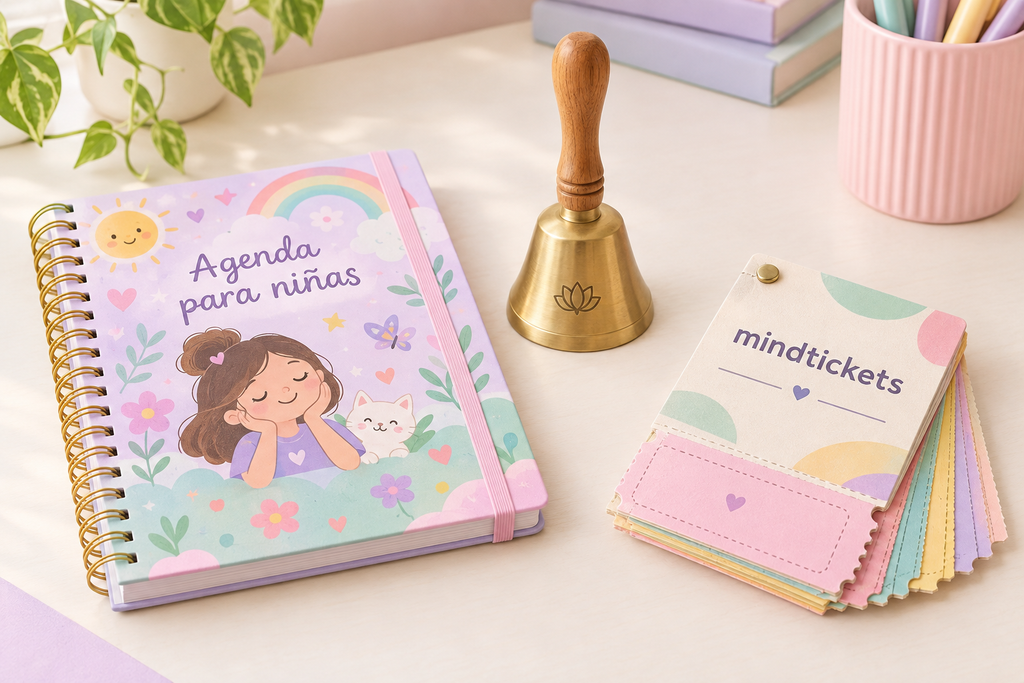 Agenda infantil, campana de mindfulness y talonario mindtickets