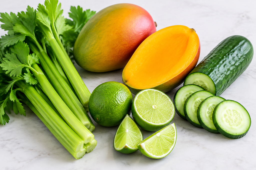 Apio, mango, pepino y limón sobre un fondo claro