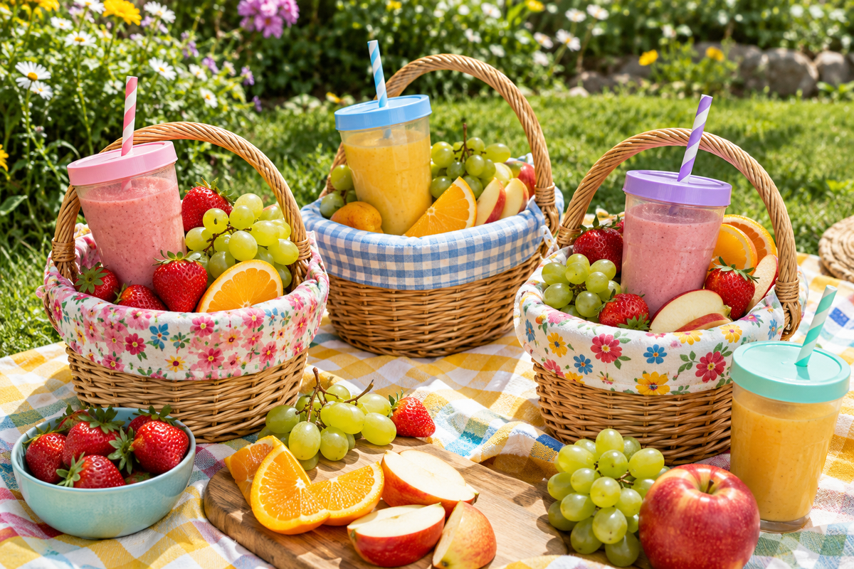 Canastas de picnic infantiles con smoothies, frutas y uvas
