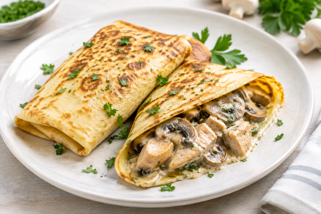 Crepes de pollo y champiñones con el relleno visible