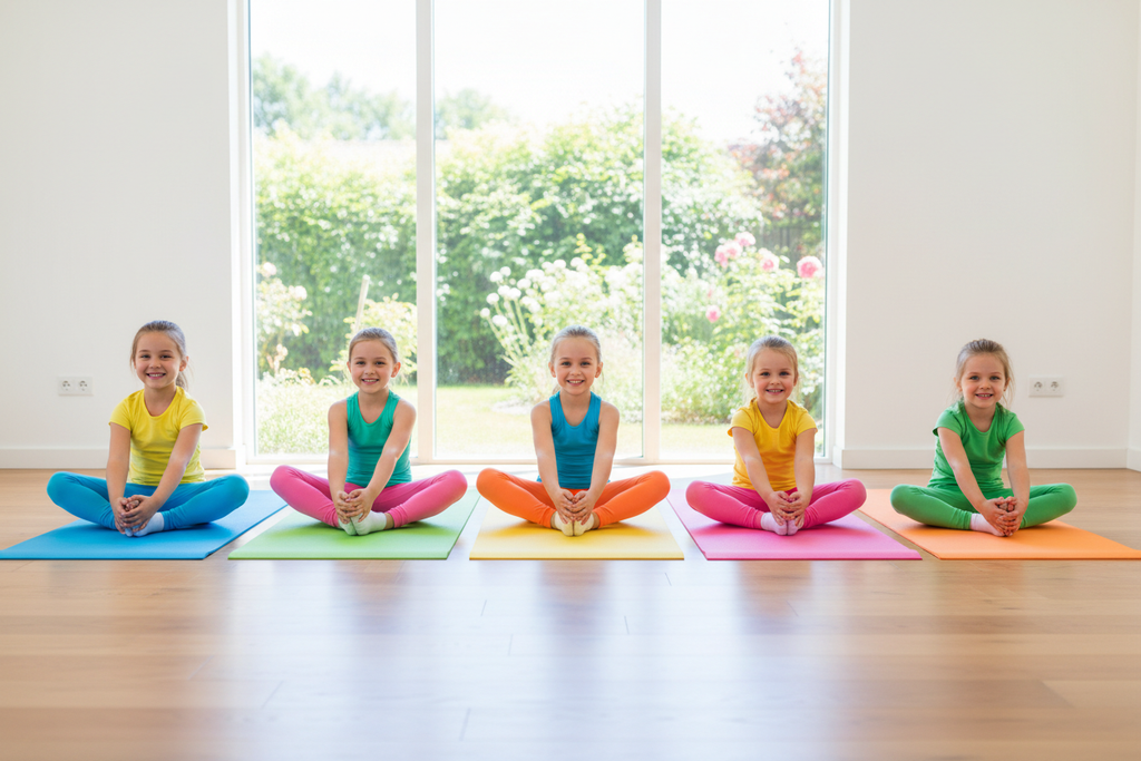 5 girls doing butterfly pose on colorful yoga mats in a bright studio