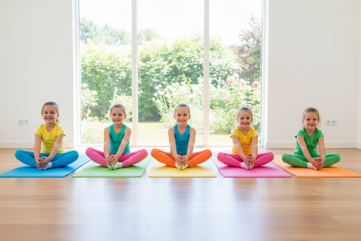 5 girls doing butterfly pose on colorful yoga mats in a bright studio