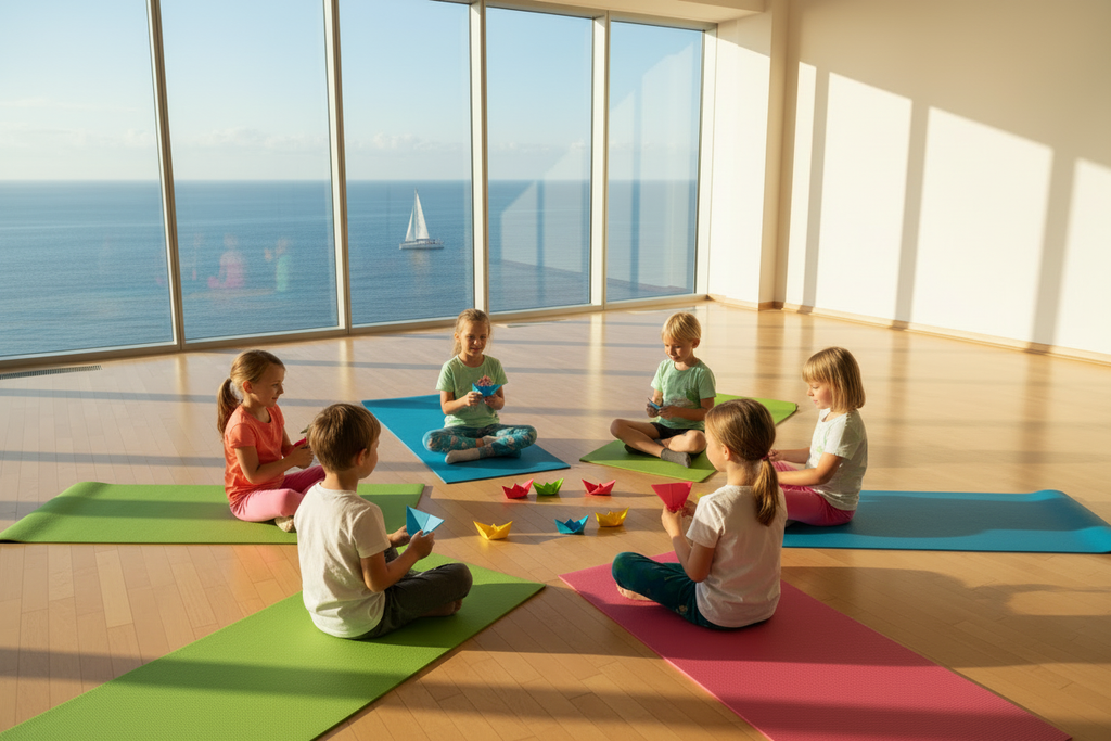 Children doing origami paper boats with a sailboat visible through the ocean window