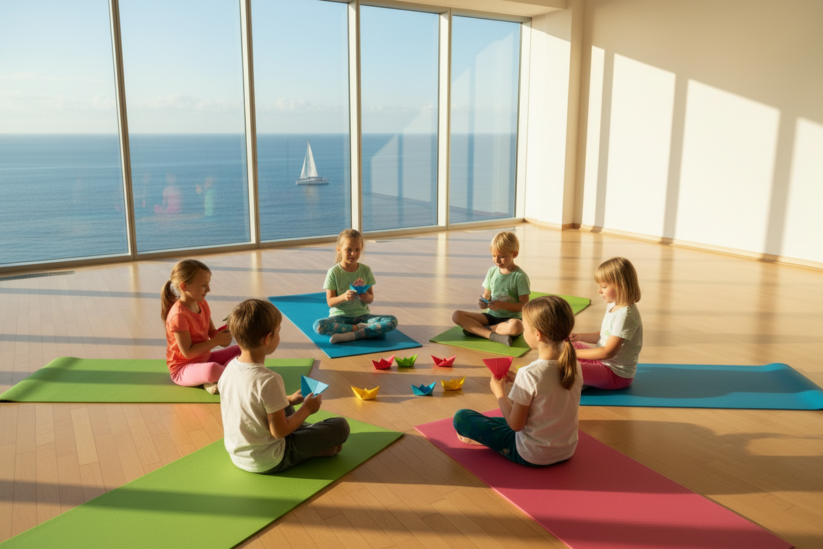 Children doing origami paper boats with a sailboat visible through the ocean window