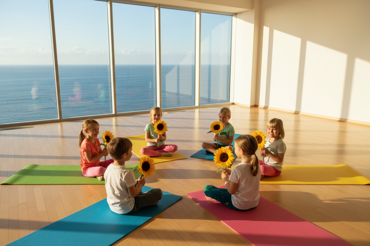 Children sitting in a circle holding sunflowers with ocean view through large window