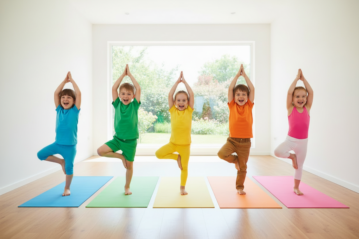 Five kids in colorful outfits doing tree pose on colorful yoga mats in a bright studio