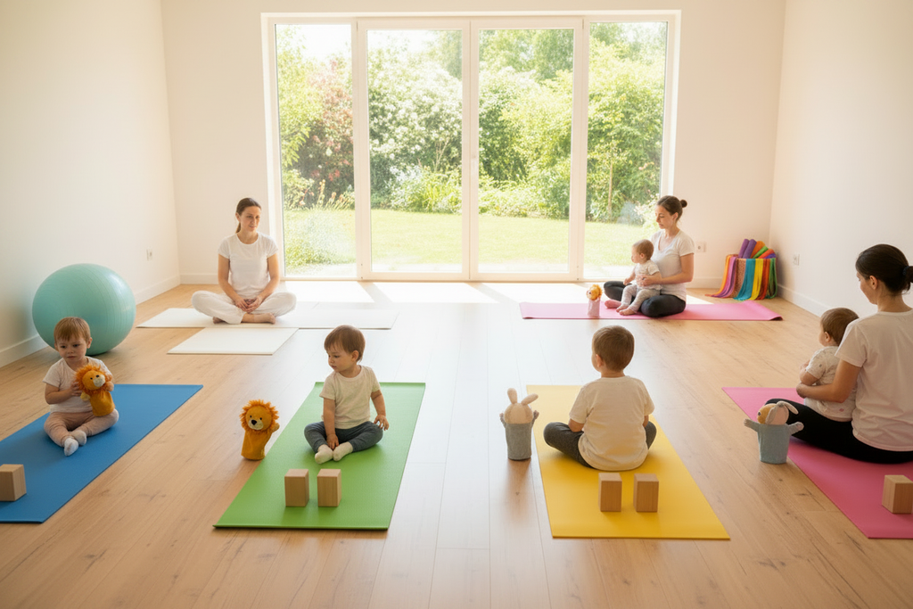 Mommy & Me yoga class with mothers and babies on colorful mats in a bright modern studio