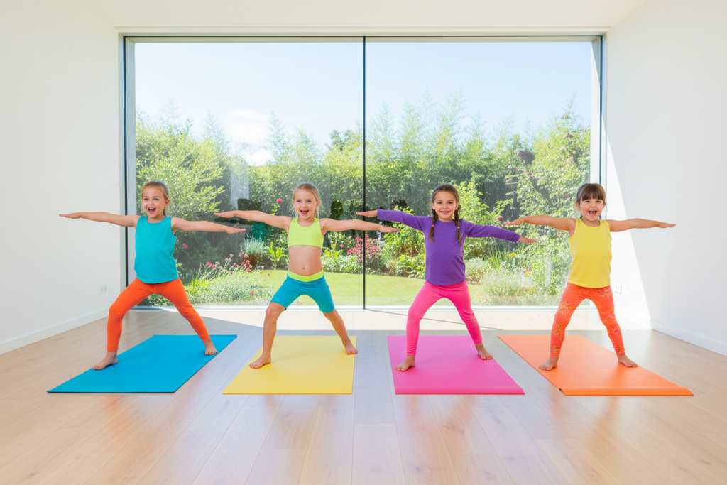 5 girls doing warrior pose on colorful yoga mats in a bright studio