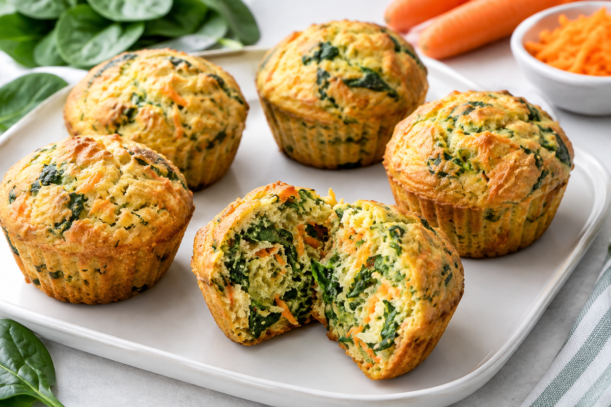 Muffins salados de espinaca y zanahoria, uno partido por la mitad