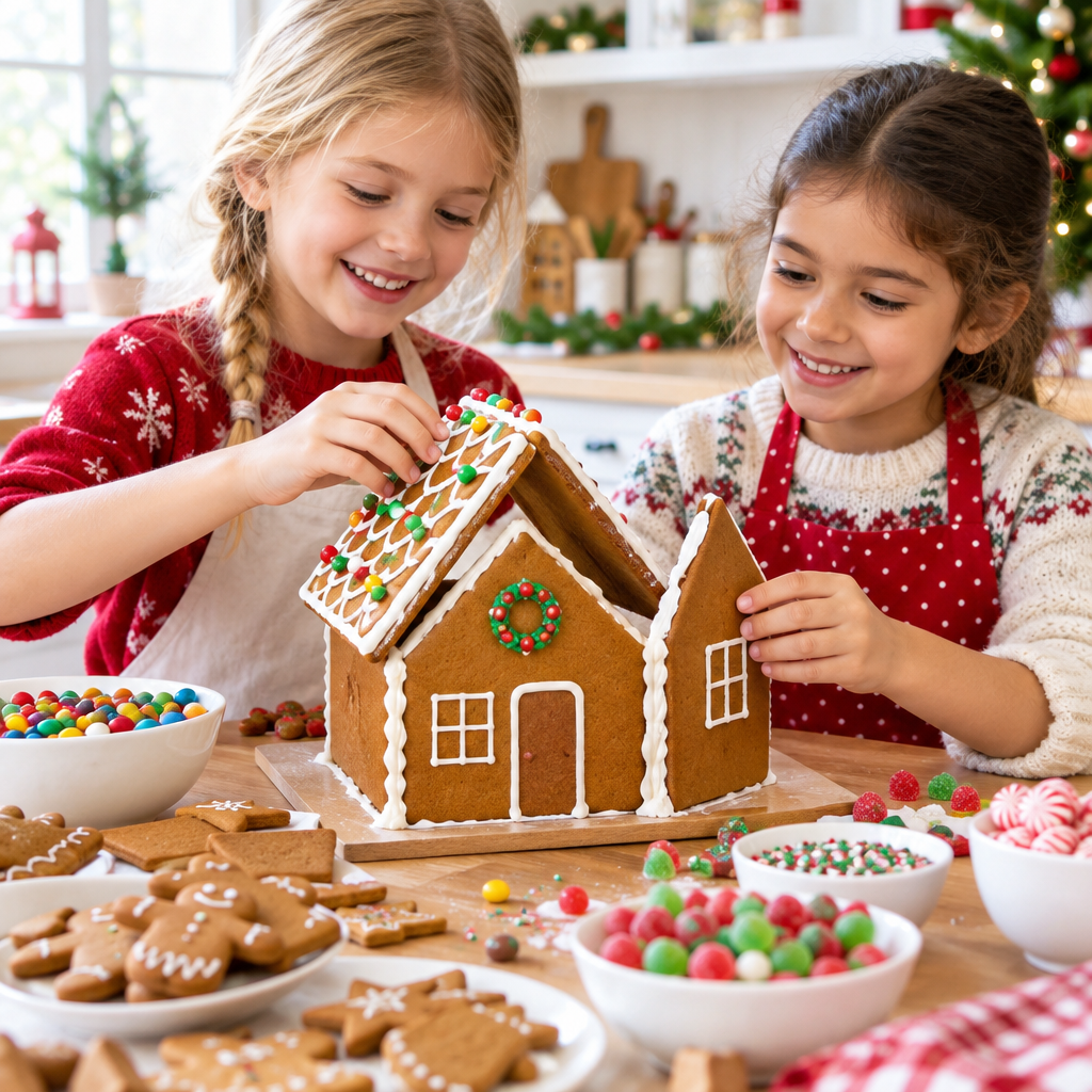 Niñas construyendo y decorando una casa de jengibre