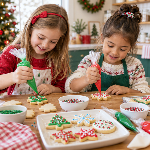 Niñas decorando galletas con glaseado y chispas