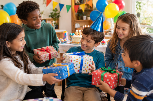 Niños entregando regalos en una fiesta de cumpleaños con globos y guirnaldas