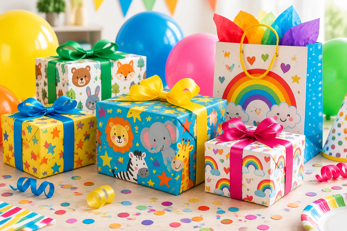 Regalos de cumpleaños infantiles con globos y confeti