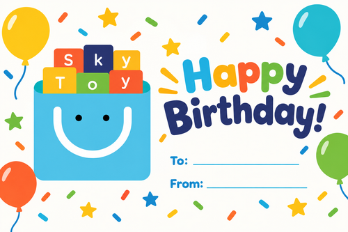 Tarjeta de cumpleaños en inglés con el logo de SkyToy
