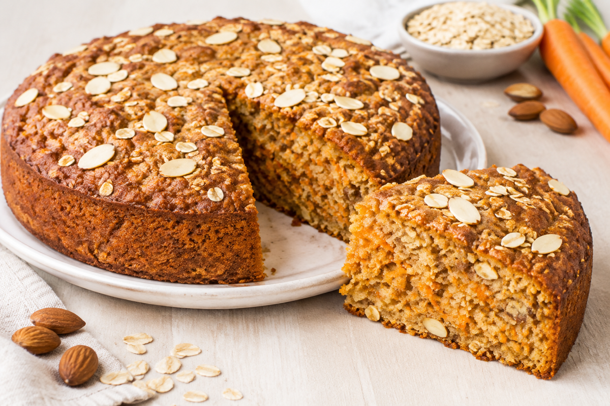 Torta rústica de zanahoria, avena y almendras sin cobertura