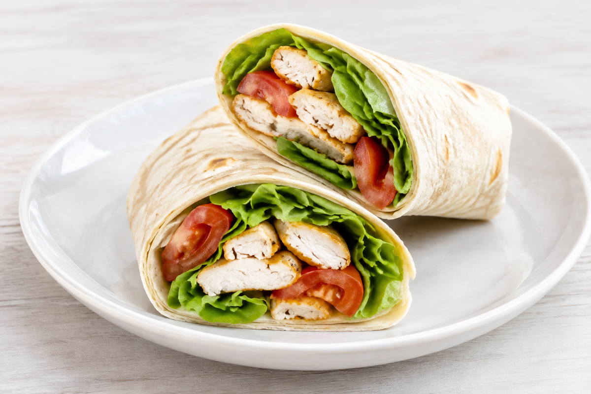 Wrap de pollo con lechuga y tomate, cortado para mostrar el relleno